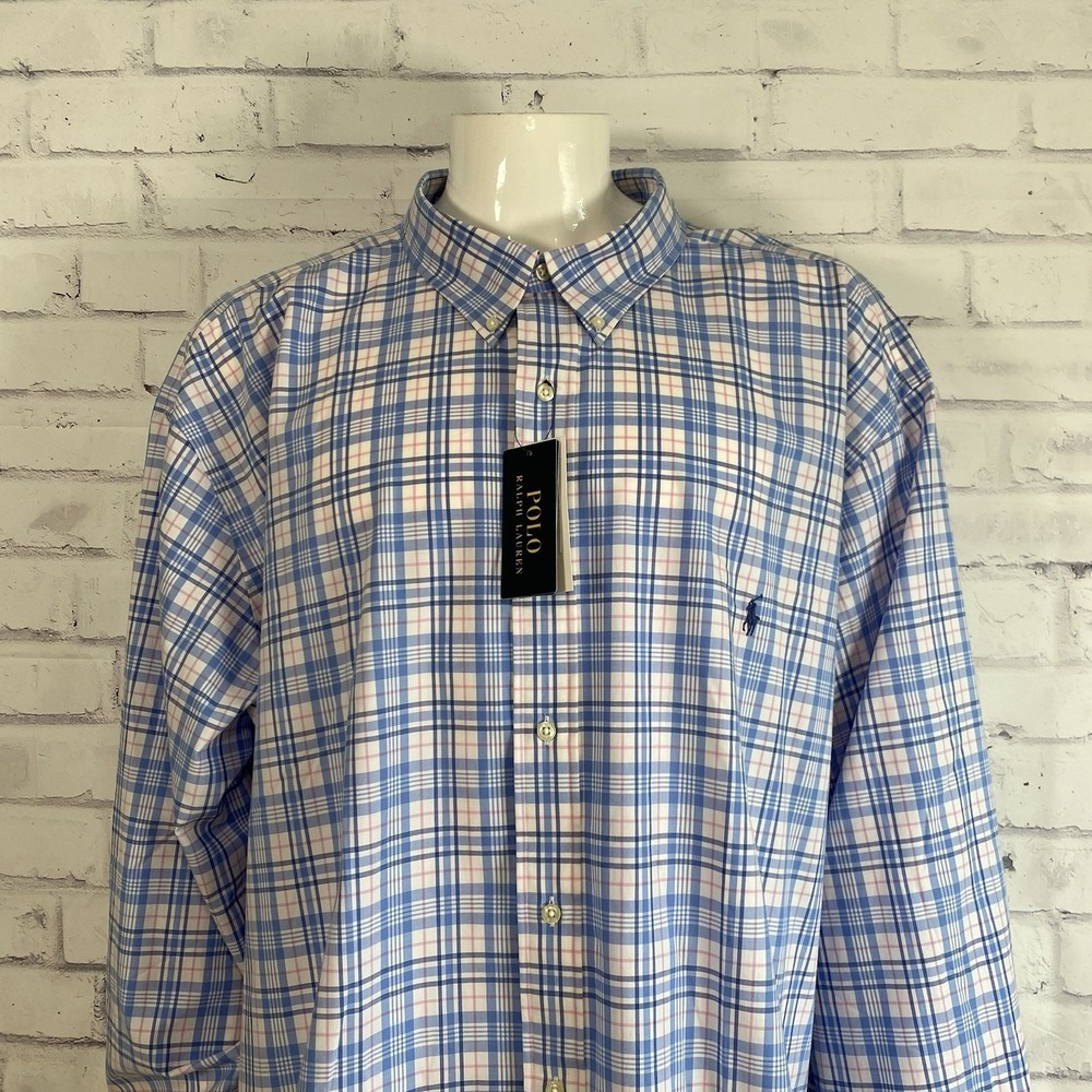 Ralph Lauren Polo Shirt Men's 4XB Big‎ Button Up Plaid Blue Cotton Stretch NWT